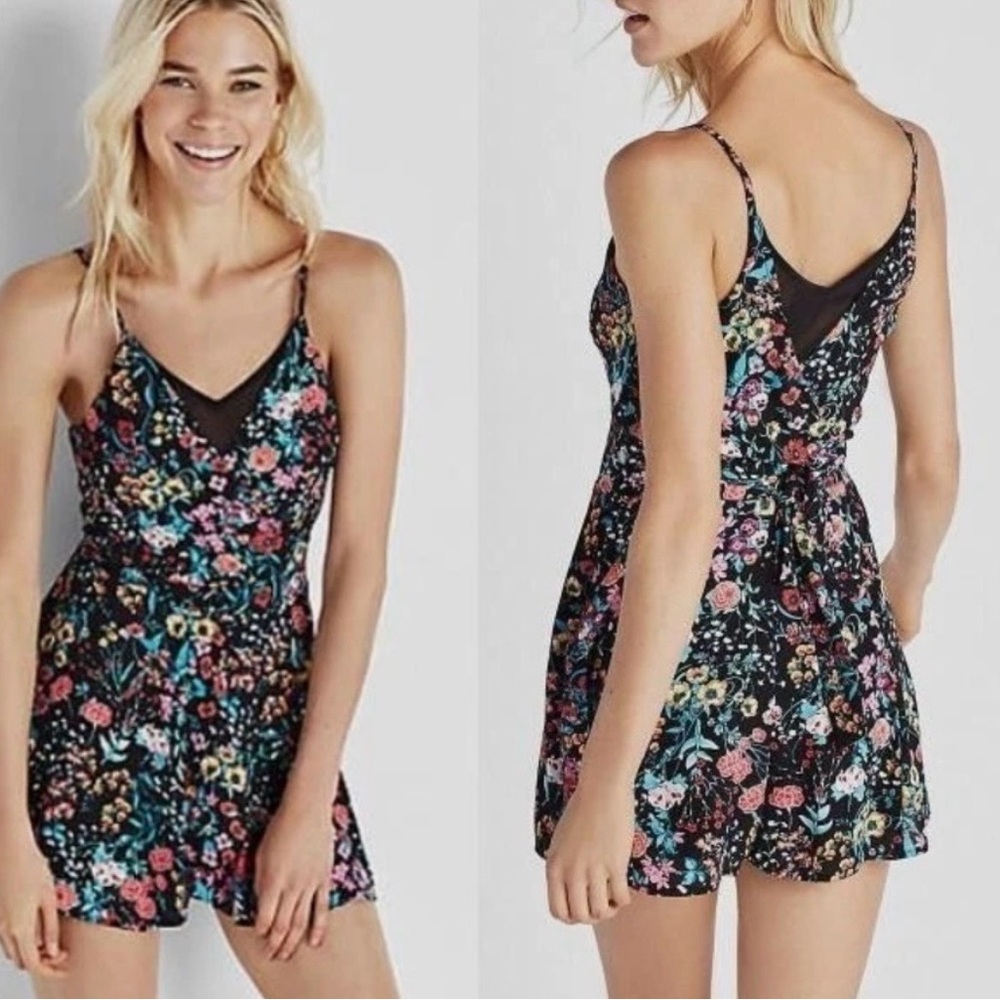 Express Dark Romantic Floral Faux Wrap Cami Romper-Sz 0-Boho Cottagecore Indie